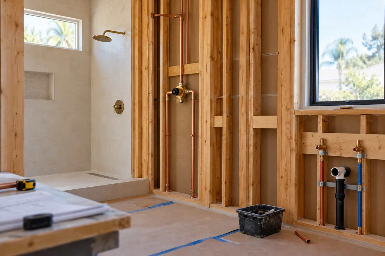 A bathroom remodel with exposed wall framing and plumbing rough-ins.