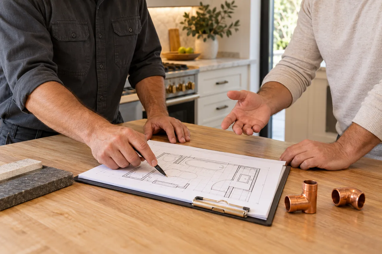 A contractor and homeowner reviewing a bathroom plan together at a kitchen counter.