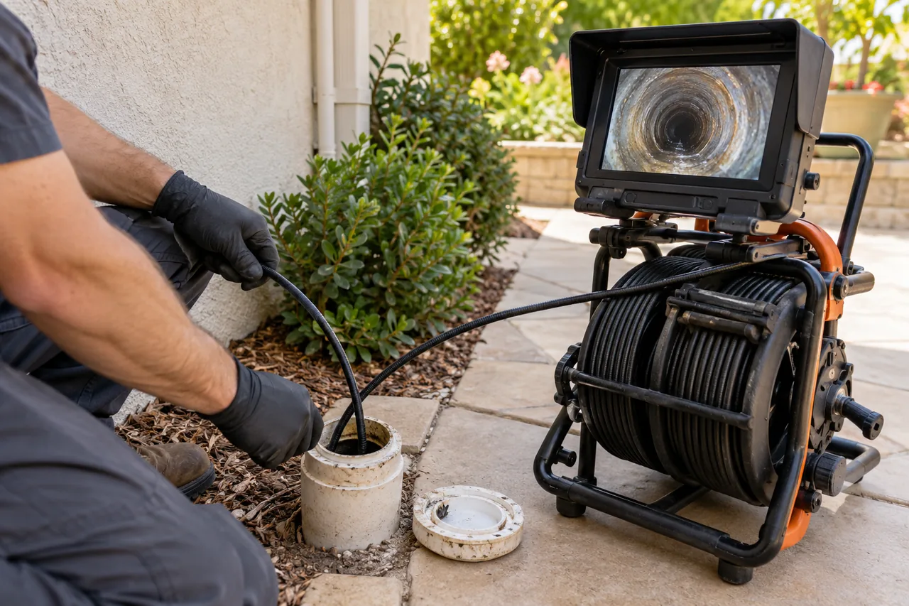 A technician guiding a sewer camera into a cleanout beside a home.