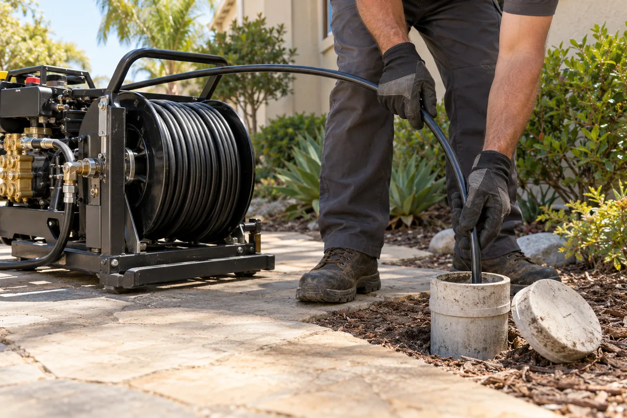 High-pressure drain-cleaning equipment with a hose feeding into an outdoor cleanout.