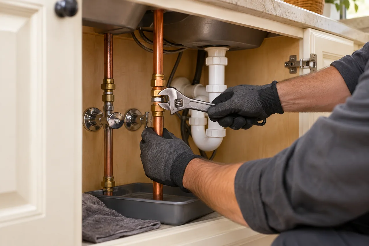 A technician using an adjustable wrench on a copper water connection beneath a sink.