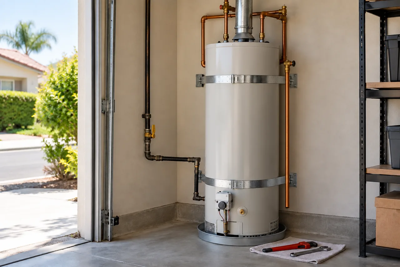 A residential tank water heater in a garage utility space.